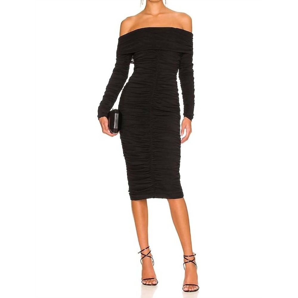 NWT Elliatt Pamilla Dress Black Ruched Mesh Bodycon‎ Midi Long Sleeve Small